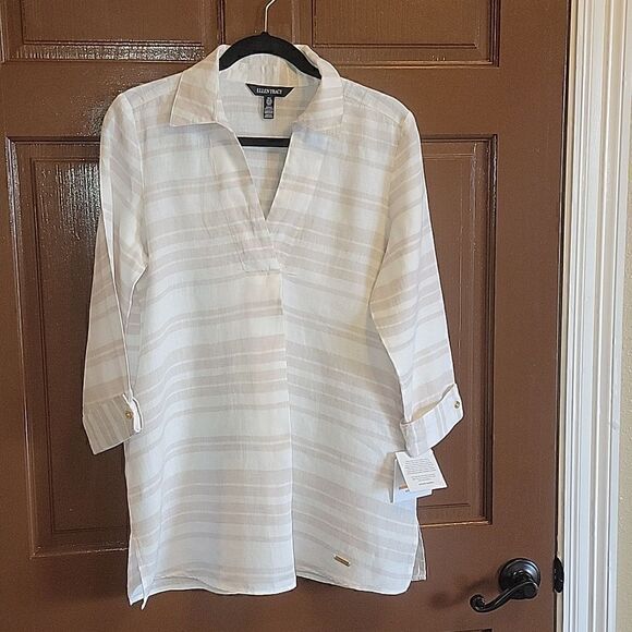 Ellen Tracy-Linen beige/white striped collared top with v-neck. Small. NWT. - Picture 3 of 8